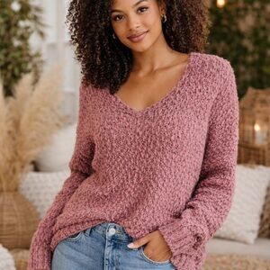 Altar'd State Mauve V-Neck Boho Chunky Knit Sweater | Medium